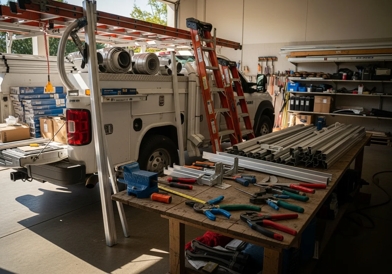 Gutter installation and repair tools displayed on a work truck or shop floor, ready for service calls.
