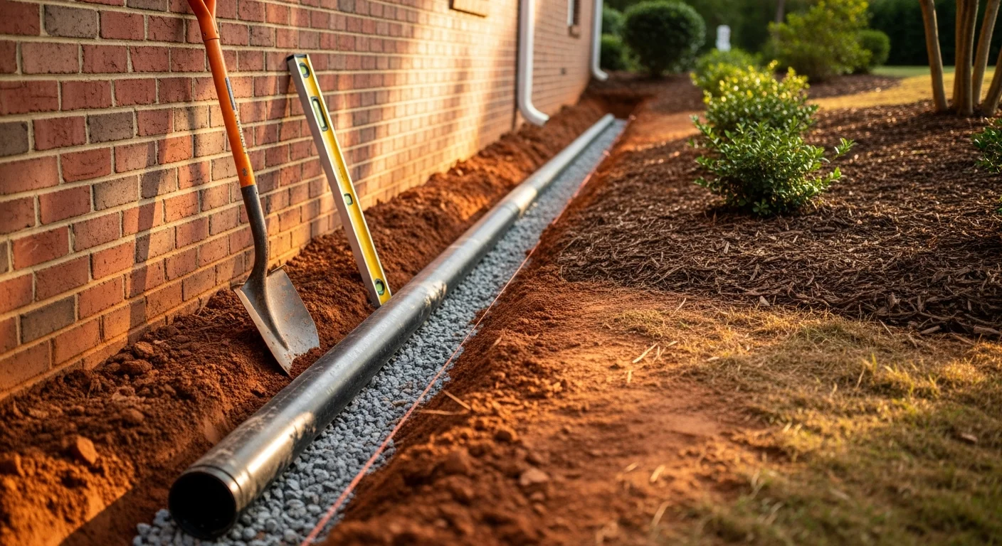 Underground drainage system installation around residential foundation