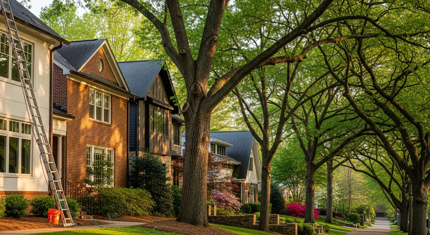 Atlanta residential street with diverse architectural styles and urban tree canopy.
