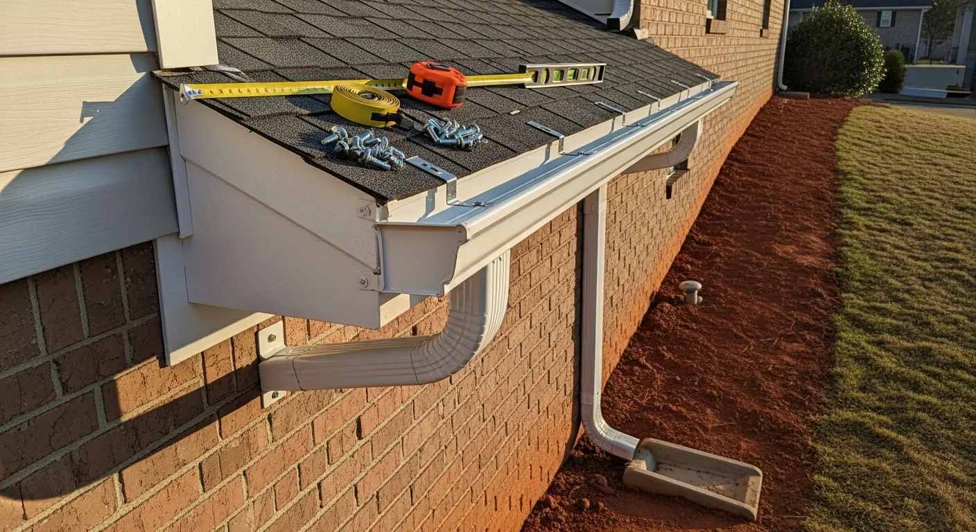 A newly installed metal downspout secured to the exterior wall of a single-story Douglasville home, directing roof runoff away from the foundation toward a graded lawn. The downspout outlet extends clear of a concrete walkway along the home's side.