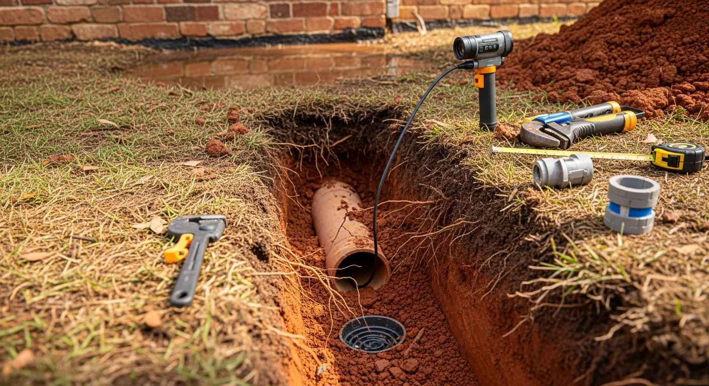 A repaired residential underground drain line in a Douglasville backyard, with compacted red clay soil visible around the pipe trench. Water flows clearly through the restored drainage channel away from the home's foundation.