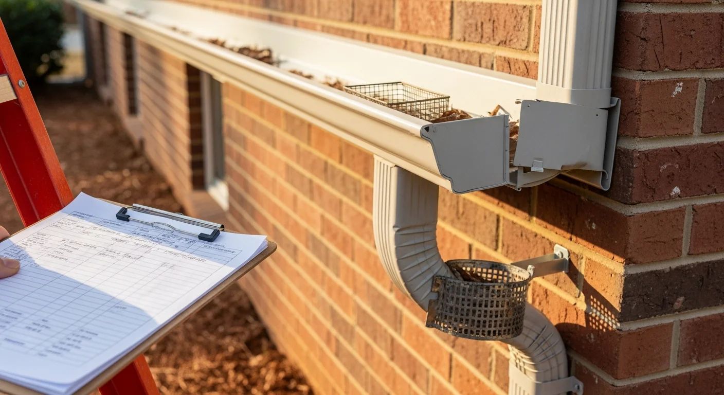 A Sanchez Gutters technician inspecting a residential gutter and downspout system on a Douglasville home, checking slope alignment and joint connections along the roofline. Water staining and debris buildup are visible in the gutter channel, with red clay soil visible in the yard below.