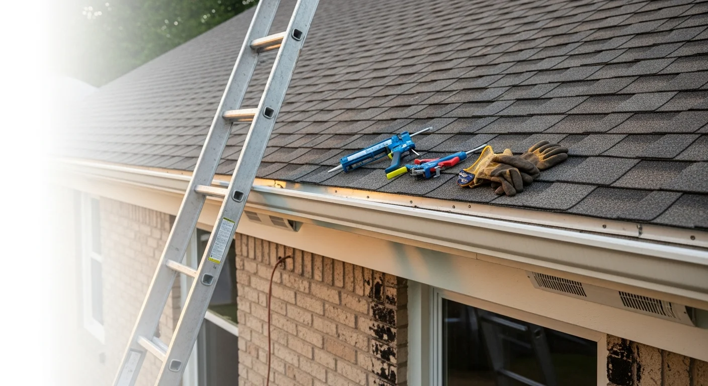 Freshly replaced white fascia boards and vented soffit panels along the roofline of a residential home in Douglasville, Georgia. The new roofline sections are flush, clean, and properly aligned with the attached gutter system.