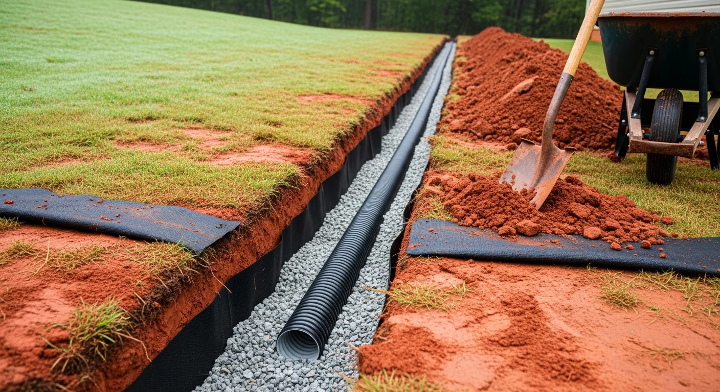 A freshly installed French drain trench in a Douglasville residential backyard, showing a gravel-filled channel with a perforated pipe running along the base of a clay-heavy lawn. The drain outlet directs water away from the home's foundation toward the rear of the property.
