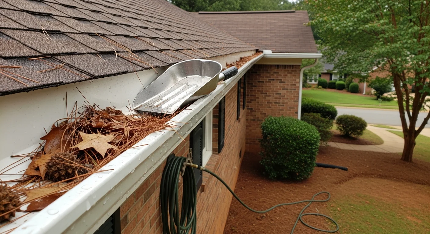 A Sanchez Gutters technician removing packed leaves and debris from a residential gutter on a single-family home in Douglasville, GA. The cleaned gutter section shows clear, open channels ready to handle heavy rainfall.