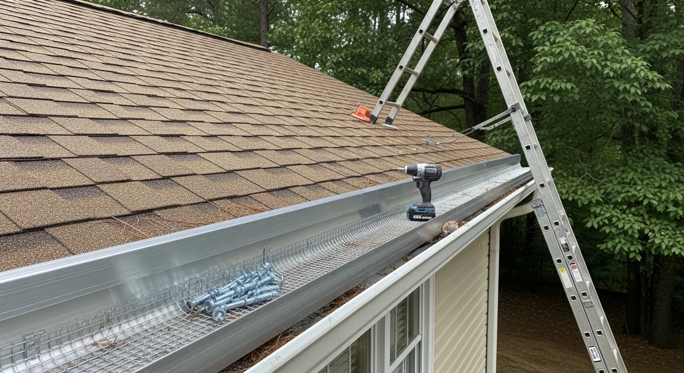 A Sanchez Gutters technician installing gutter guards along the roofline of a single-family home in Douglasville, Georgia. The gutters run beneath a tree-lined yard typical of Douglas County residential neighborhoods.