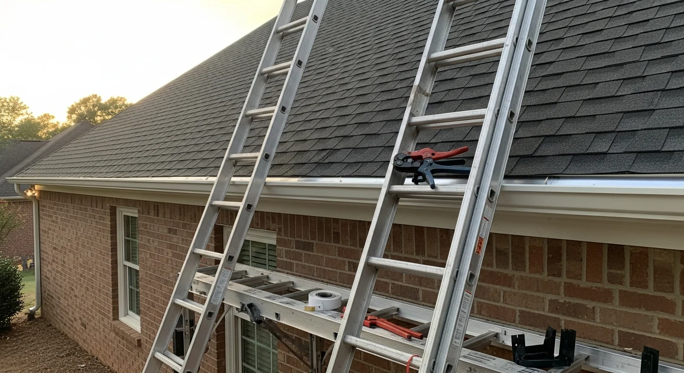 A Sanchez Gutters crew member installing a new seamless gutter system along the roofline of a single-family home in Douglasville, Georgia. The image shows the gutter being secured to the fascia with downspouts positioned at the corner of the house.
