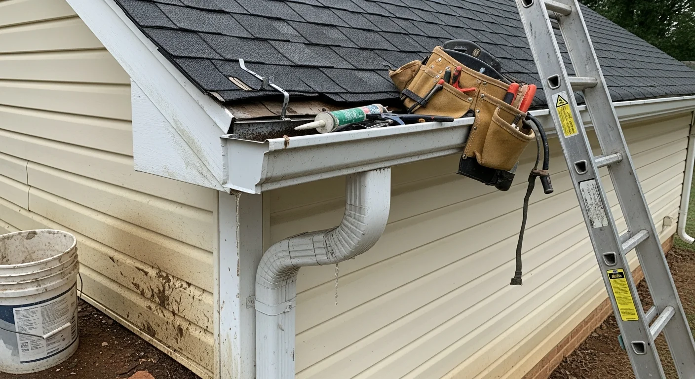 A Sanchez Gutters technician resealing a leaking gutter seam on a single-family home in Douglasville, Georgia. The repaired section shows clean alignment along the roofline with no visible gaps or sagging.