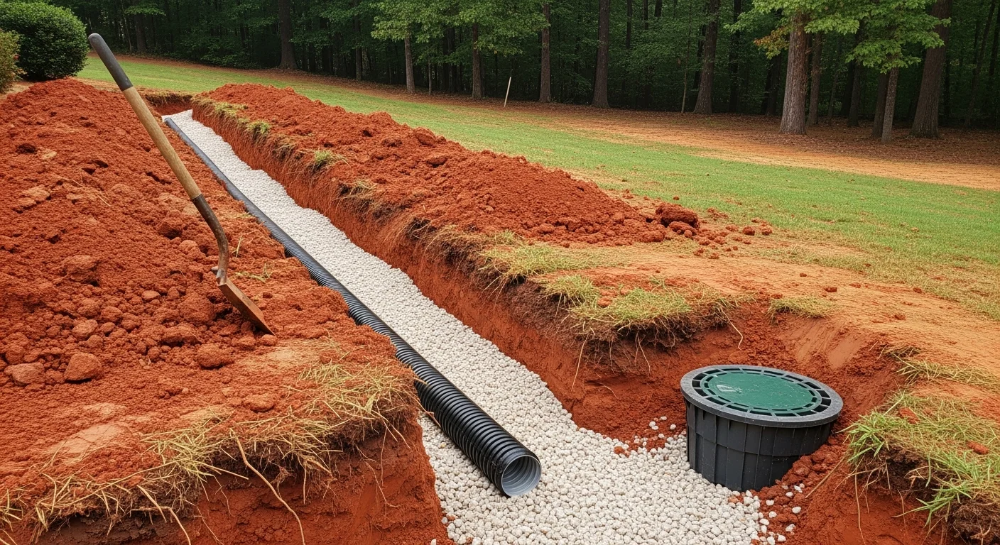 A completed underground drainage installation in a Douglasville backyard, showing a flush catch basin grate set into a grassy lawn with no visible pipes or disturbed soil. The surrounding yard is level and dry, with a residential home foundation visible in the background.